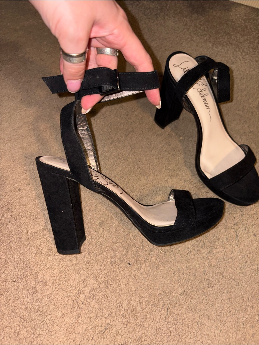 libby. edelman Black Suede Block Heel Ankle-Strap Sandals - Picture 2 of 4